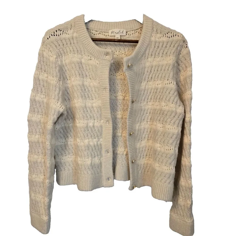 Women's Chunky Knit Ivory Cardigan Sweater M Button Front Crochet Fisherman Boho